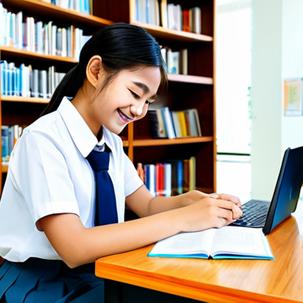 **
"A Thai student, fully clothed in a school uniform, smiling and studying intently in a bright, modern library filled with books. Safe for work, appropriate content, professional, perfect anatomy, natural pose, well-formed hands, proper finger count, natural body proportions, high quality, family-friendly."
**