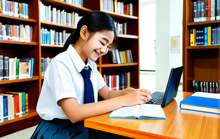 **
"A Thai student, fully clothed in a school uniform, smiling and studying intently in a bright, modern library filled with books. Safe for work, appropriate content, professional, perfect anatomy, natural pose, well-formed hands, proper finger count, natural body proportions, high quality, family-friendly."
**