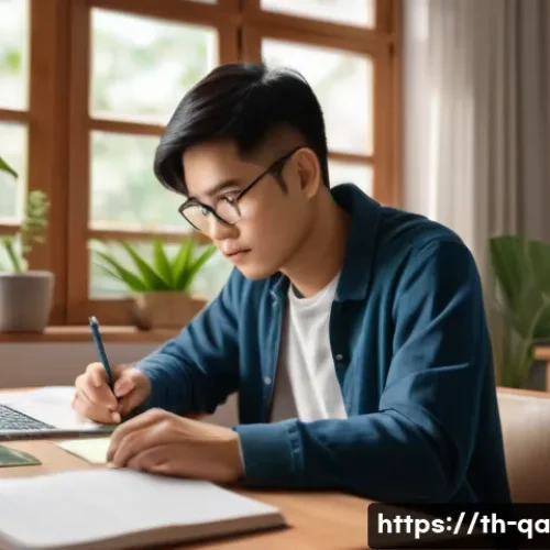 간격 반복 시스템의 지속 가능성 - A detailed digital illustration of a young Thai adult sitting at a modern wooden desk in a cozy home...