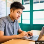 간격 반복 시스템의 성공적인 구현 사례 - A detailed modern study room scene featuring a young adult Thai student sitting at a wooden desk wit...